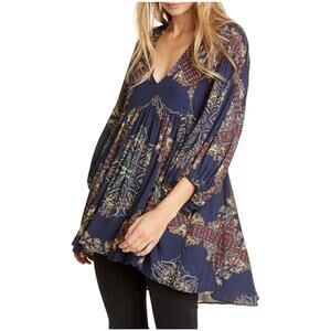 FREE PEOPLE Girl Talk Hi-Low Tunic Dress Midnight 3/4 Balloon Sleeve Medium EUC